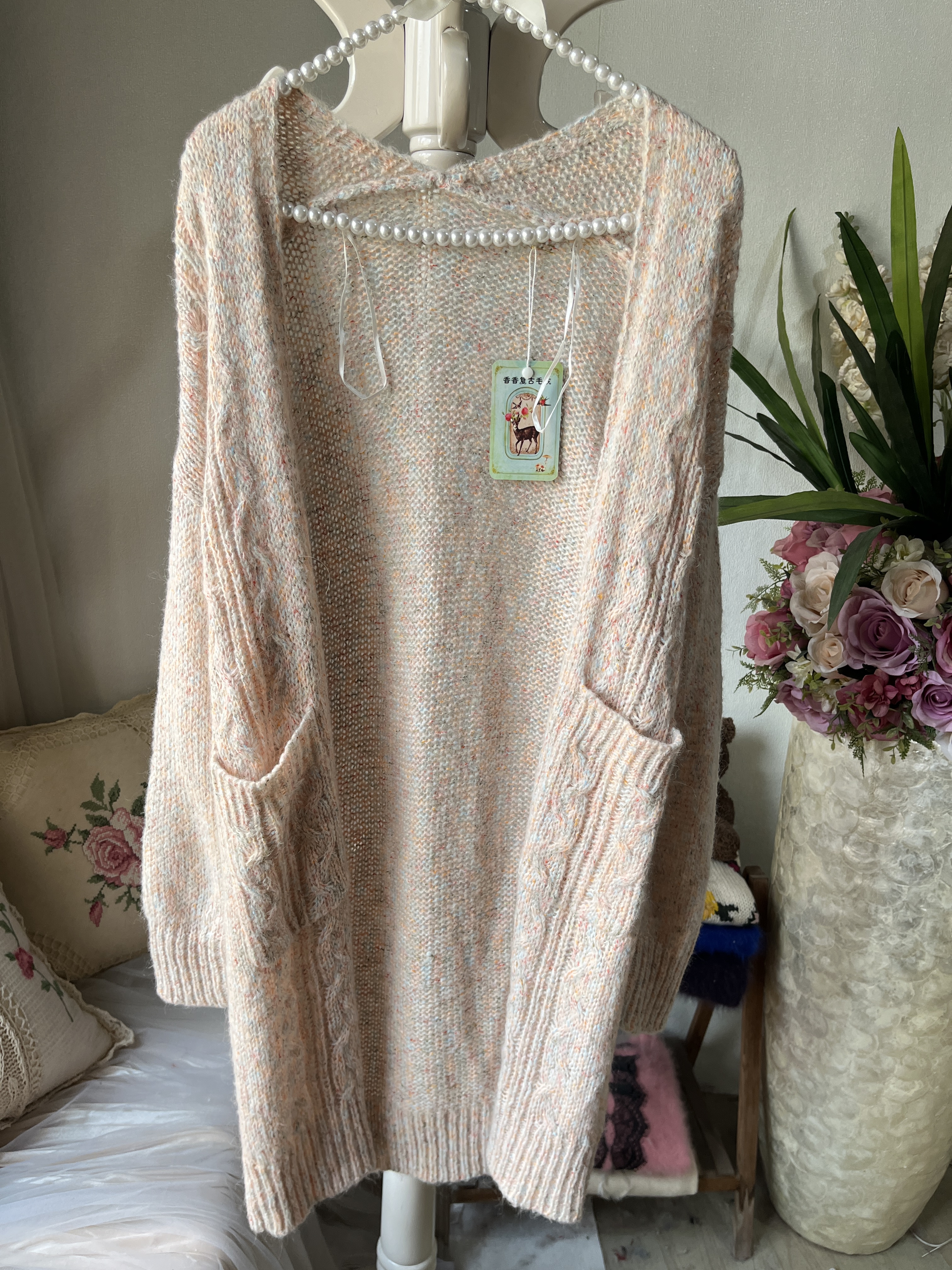 复古粉色圆领长袖针织开衫女宽松显瘦百搭毛衣披肩马海毛外套上衣