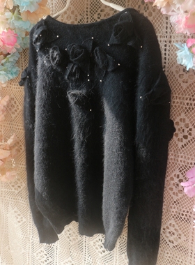 年新品纯黑色手工立体花苞甜美百搭潮流套头冬款毛衣兔毛