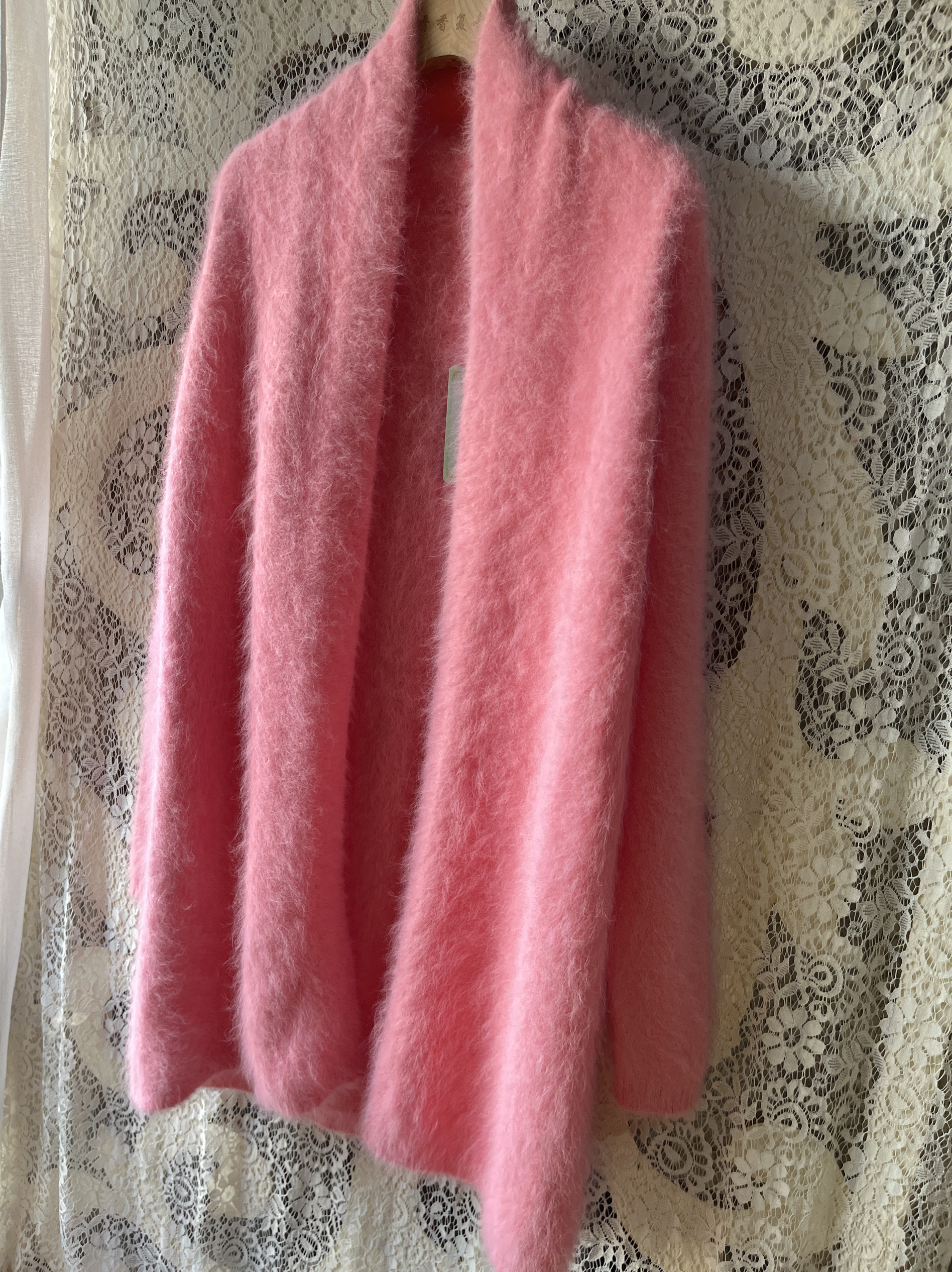 淡粉色系披肩长款奢华大气秋冬新款兔毛皮草感领大外套甜美系外套