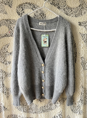 灰色单排扣v领针织开衫外套女秋季新款修身长袖毛衣纯色上衣