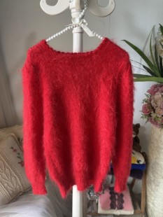 复古毛衣红色毛衣秋冬新款兔毛温柔百搭上衣开衫外套长毛马海毛