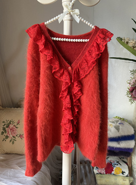 2025新品大红色木耳花边超甜美开衫加厚冬款长袖兔毛