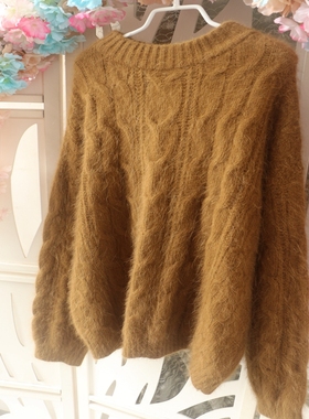 新品土黄色圆领波纹编织宽松大版型日系毛衣女百搭长袖兔毛