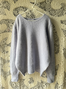 淡蓝色纯山羊绒拉绒一字领纯色法式 毛衣浅灰色长毛兔毛 宽松针织衫