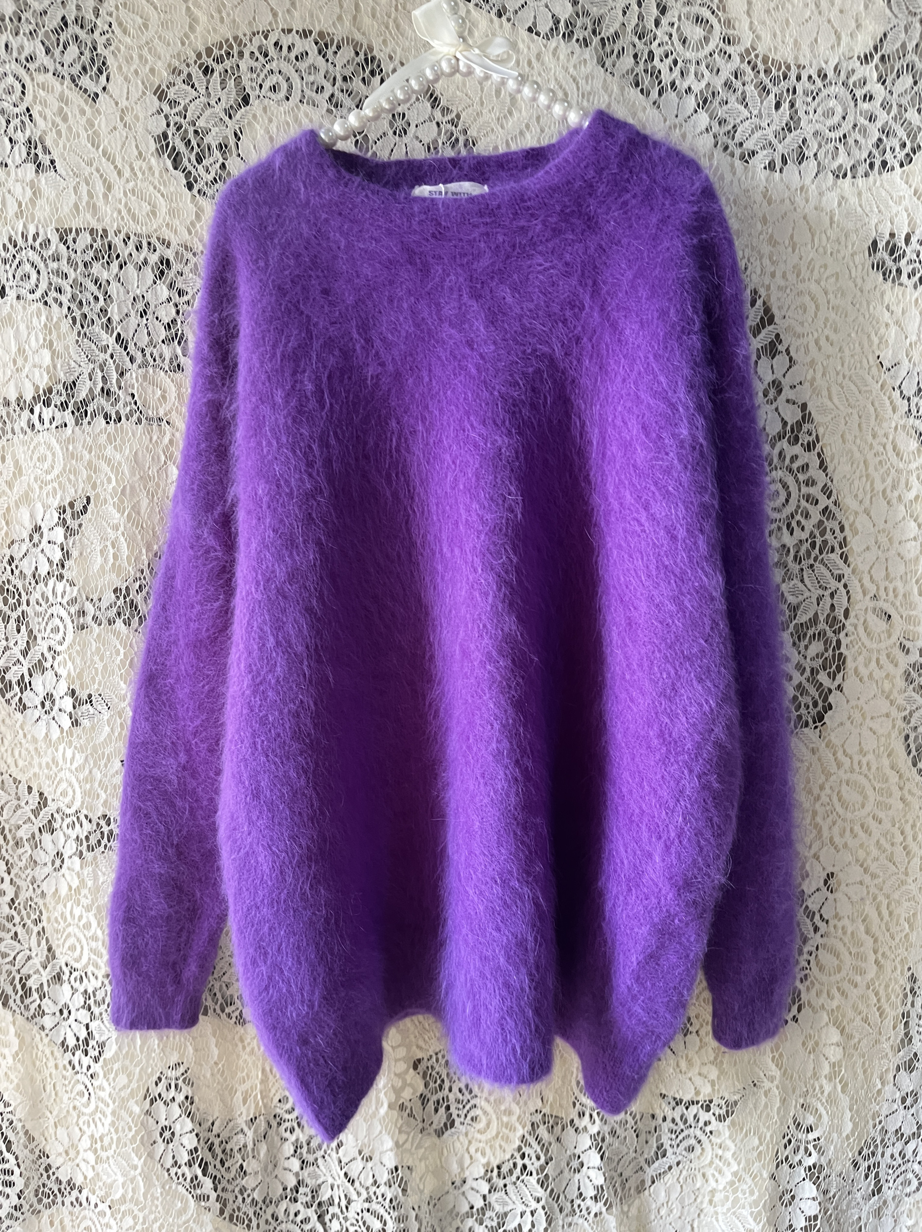 紫色圆领简单款羊绒拉绒厚款宽松慵懒兔毛兔绒毛衣
