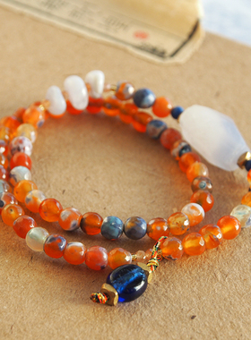 蓝纹玛瑙橙玛瑙双圈撞色个性亮眼