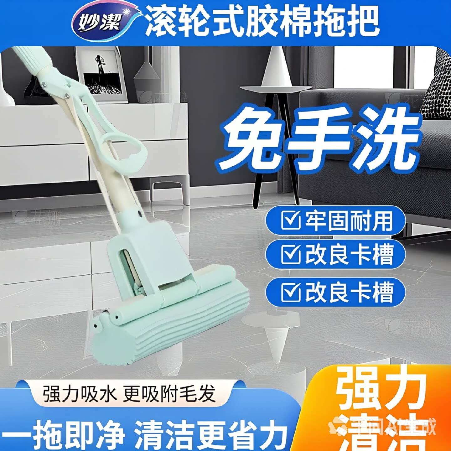 妙洁海绵头拖把吸水胶棉拖把新配色滚轮式易拆拖把头懒人拖免手洗