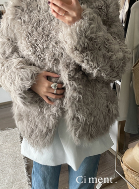 ciment 韩国东大门高级冷灰色羊皮托卡皮毛一体外套皮草