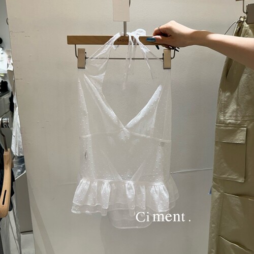 ciment 韩国东大门百搭薄款波点挂脖叠穿纱质花边下摆背心