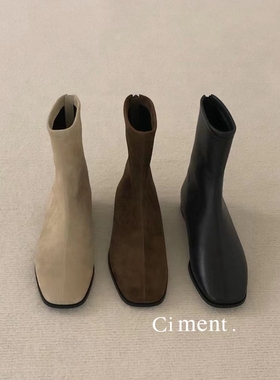 ciment 高品质真皮 Mysa Lader时髦圆方头羊皮翻毛皮中筒靴切尔西