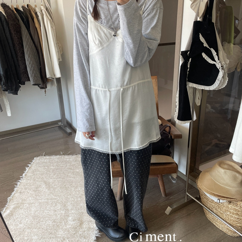 ciment 品质感醋酸丝蕾丝花边百搭叠穿吊带裙连衣裙浅灰白色