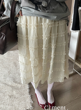 ciment 奶白色超仙温柔木耳边松紧腰半身裙
