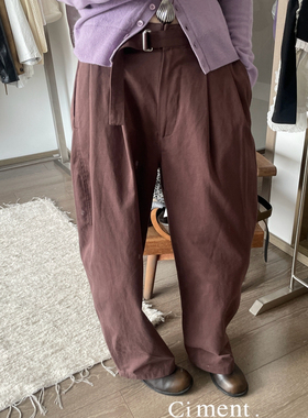 ciment 韩国东大门秋冬氛围感棕红色腰带宽松显瘦直筒裤