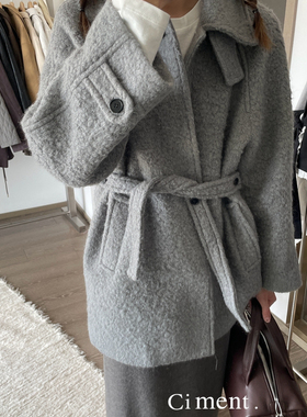 ciment 高品质厚实圈圈毛羊毛羊驼毛立领腰带大衣