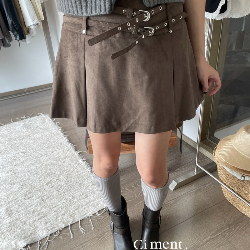 ciment 千禧风少女感麂皮咖色双腰带裙裤短裙