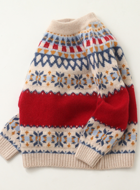 高端洪叶云台纯羊绒儿童毛衣双层加厚男女宝宝中大童费尔岛款童装