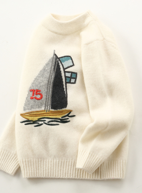 儿童100%纯山羊绒衫男女孩子白色加厚帆船毛衣针织打底衫洪叶云台