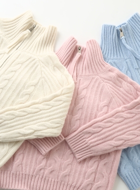 儿童羊绒衫男女童毛衣秋冬加厚三股半拉链翻领柔软外套针织衫童装