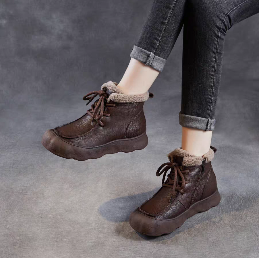 头层牛皮雪地靴女加绒加厚软底短靴2025冬新款真皮复古高帮鞋棉靴,女鞋,时尚雪地靴,淘宝优惠券,粉丝福利购,淘宝优惠卷