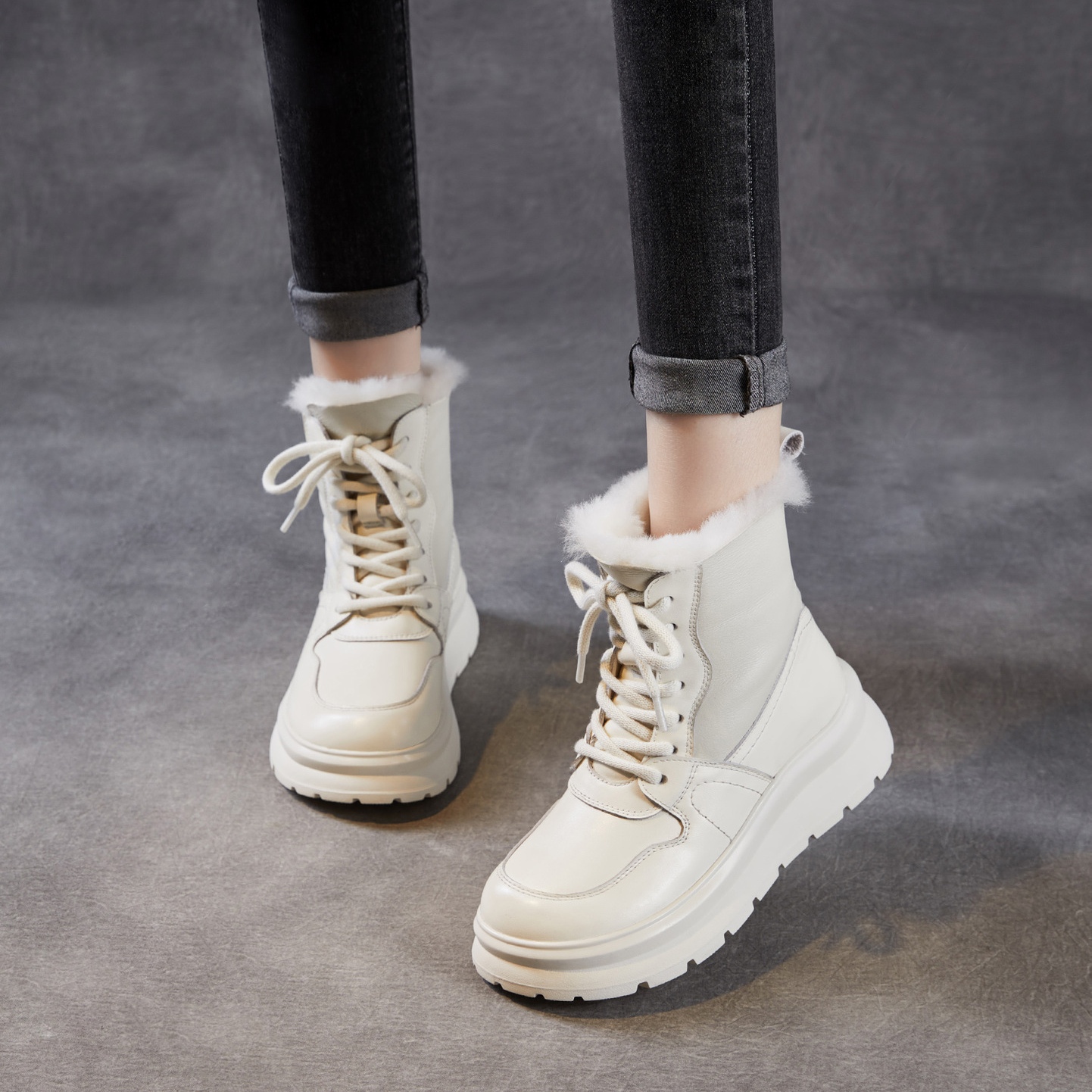 羊皮毛一体东北时尚雪地靴头层牛皮厚底马丁靴女真皮加绒休闲棉靴