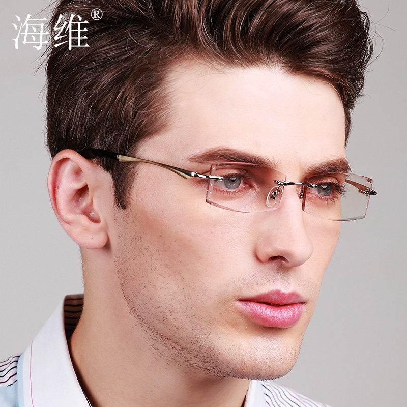 海维 无框近视水晶镶钻男款式韩国钻石切边眼镜架成品钛合金