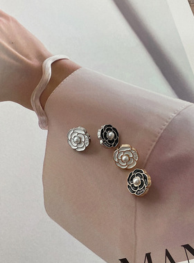 小香风高档珍珠fine点油玫瑰花金属纽扣黑色白色衬衣开衫精致扣子