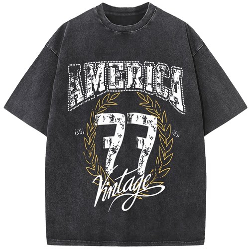 996美式复古AMERICA 77印花做旧水洗短袖T恤男女潮牌宽松休闲情侣
