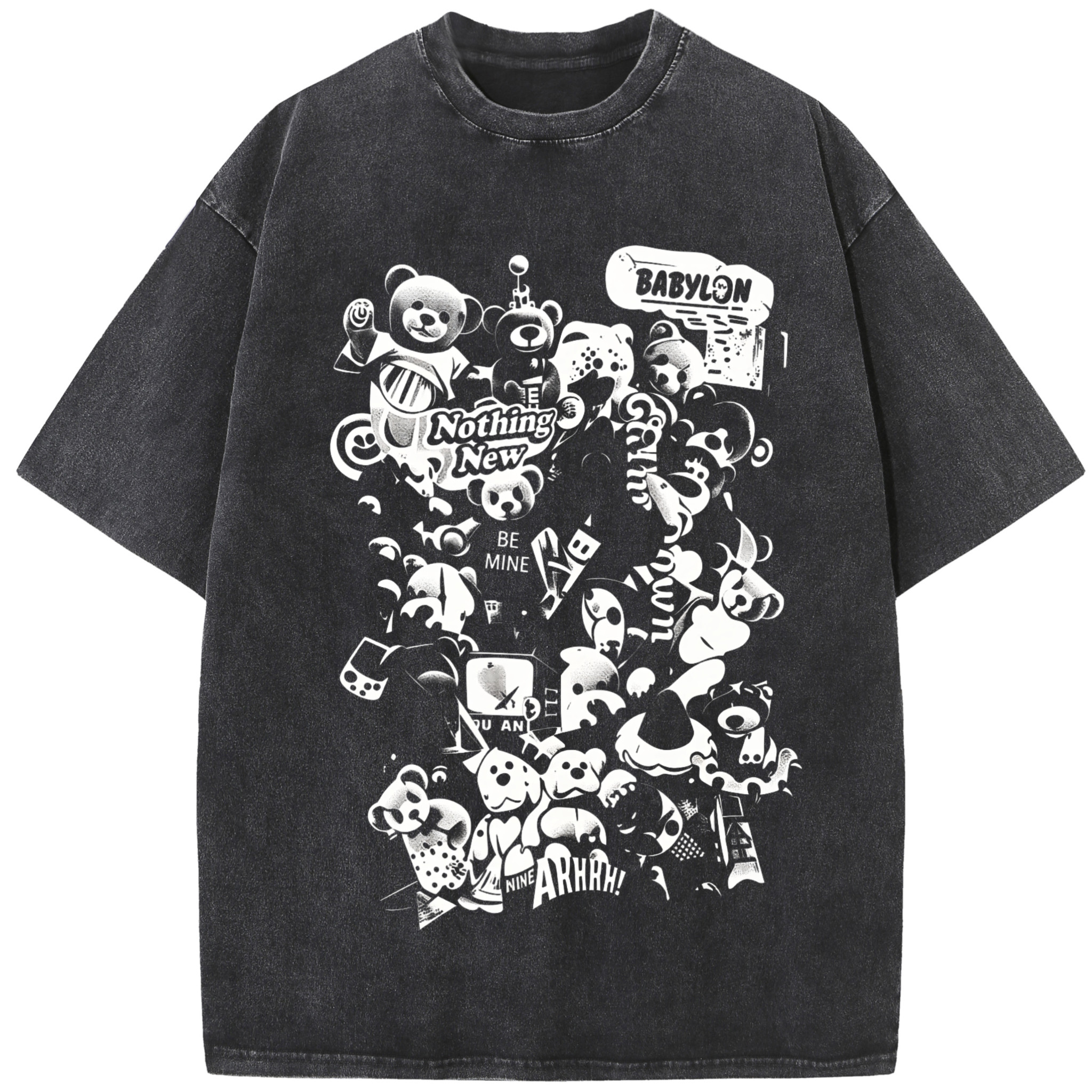 929黑白涂鸦潮牌小熊印花短袖T恤男女美式复古做旧宽松休闲情侣