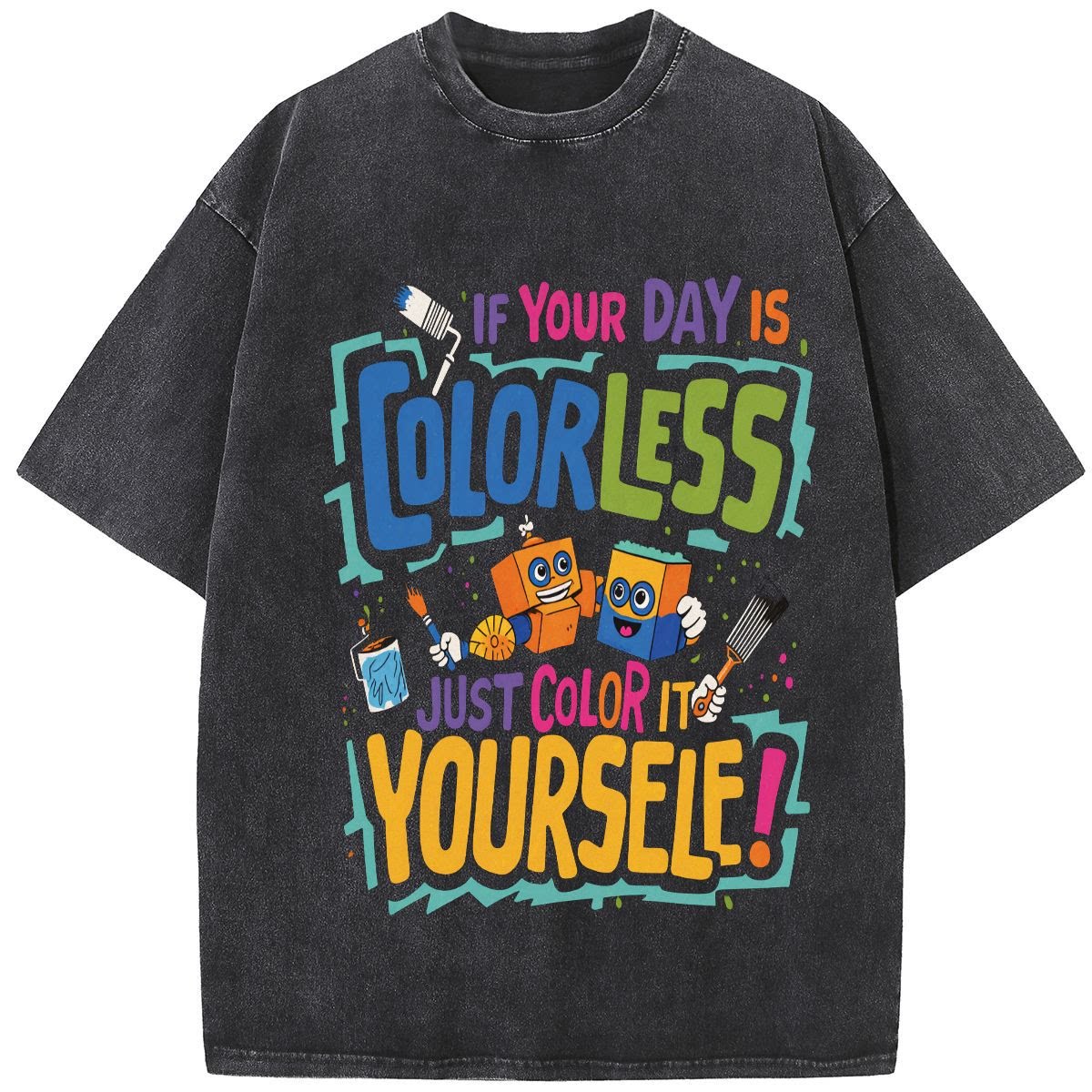 952多巴胺彩色涂鸦印花短袖 T 恤男女美式复古甜酷风宽松休闲上衣