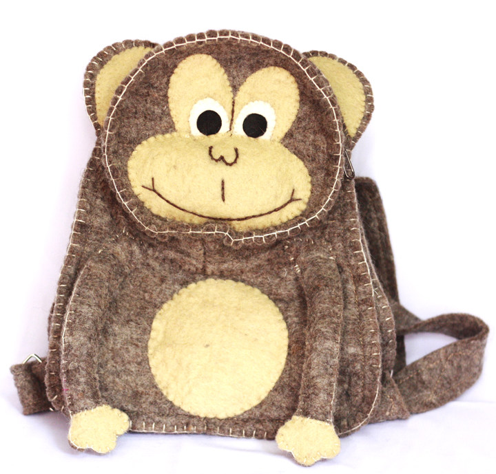 包邮 尼泊尔 纯羊毛手工羊毛毡双肩包 儿童小书包 童趣萌猴子