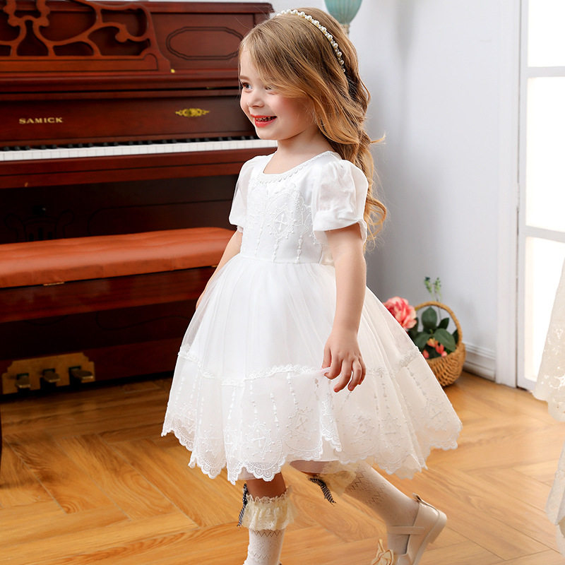女童礼服花童白纱婚纱裙小女孩周岁生日公主裙长袖儿童钢琴演出服
