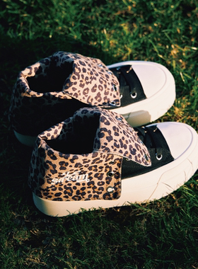 LeStream豹纹厚底高帮板鞋女2026早春新款系带休闲平底两穿帆布鞋