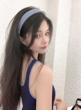 秋冬新款经典条纹针织奶蓝色宽边压发头箍学院百搭发箍发卡