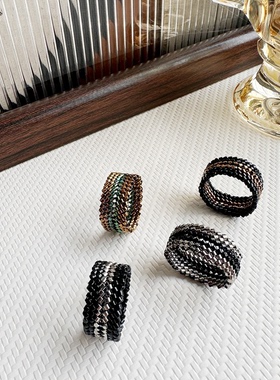 轻奢百搭气质手工编制串珠丝质缎带绸缎面光泽波光粼粼闭口戒指环