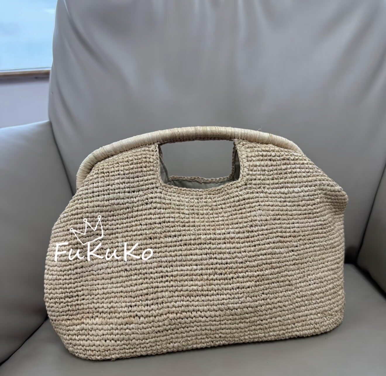 Fukuko新款白巧克力豆拉菲草草编包手工编织女手提海边度假沙滩包