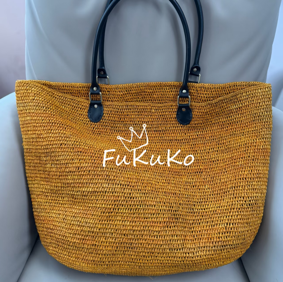 Fukuko新款银杏黄拉菲草大托特包女士真皮单肩包手提包手工编织