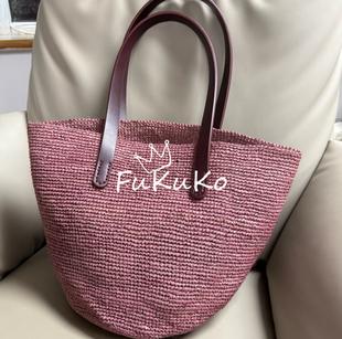 玫瑰豆沙色拉菲草设计感托特包女士度假编织手提包 Fukuko25新款