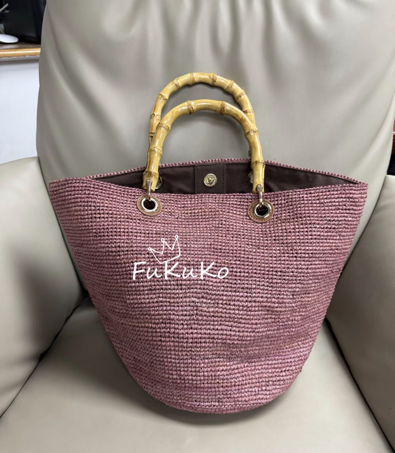 Fukuko新款干枯玫瑰拉菲草竹节把手手提包女休闲度假沙滩包新中式