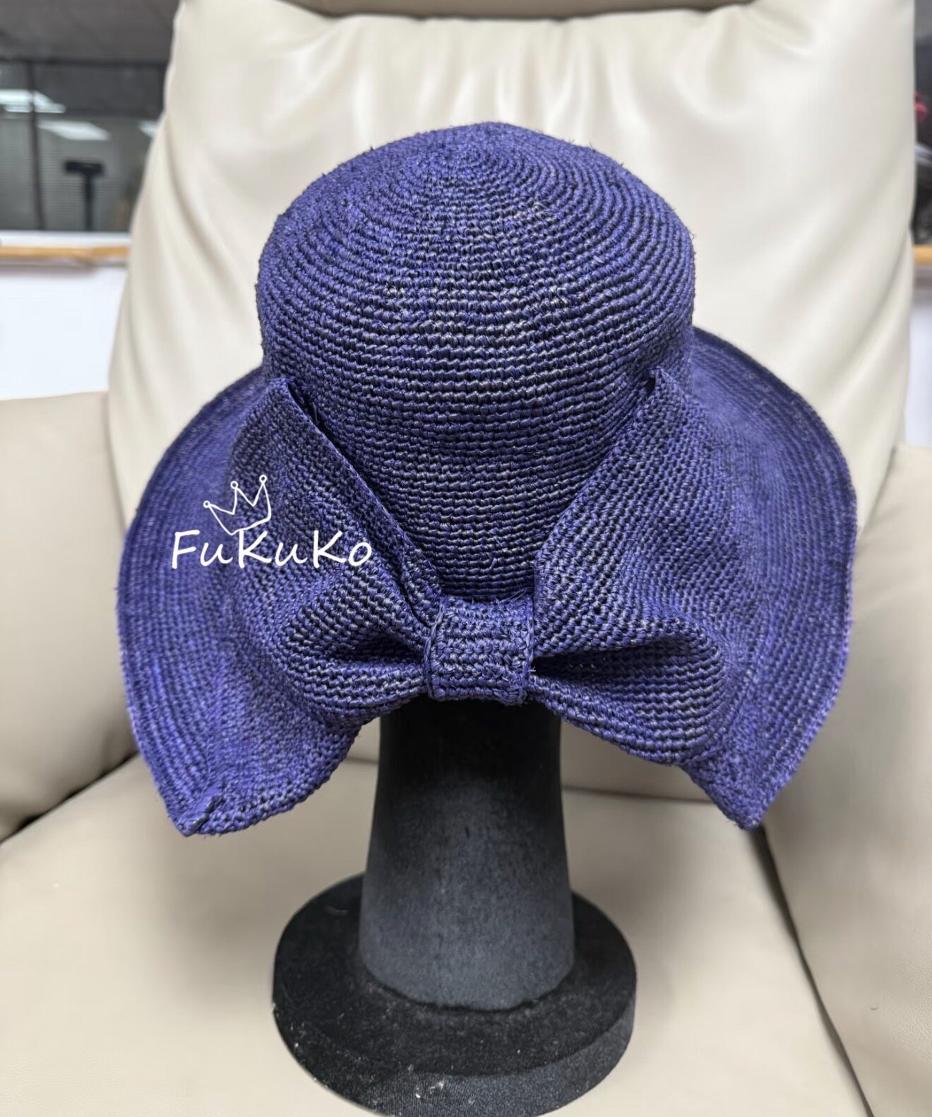 Fukuko新款魅惑蓝紫拉菲草蝴蝶结手工编织圆顶帽女士遮阳度假帽