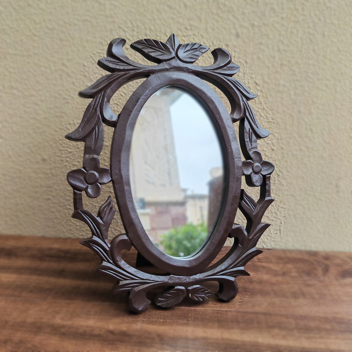 复古圆形中古风木制怀旧装饰小镜子咖棕色桌面摆台民国风影视道具