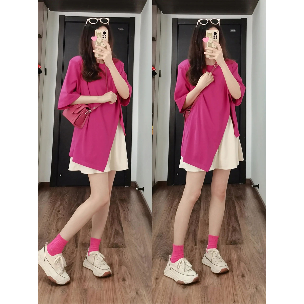 Amiga不规则设计感t恤女夏季宽松火龙果短袖上衣短裙套装两件套