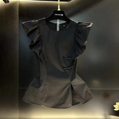 新中式飞飞袖衬衫女设计感荷叶边盘扣黑色气质上衣