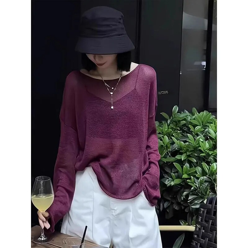 紫色圆领针织罩衫女宽松防晒服高级感微透薄款上衣