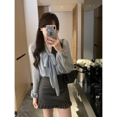 法式蝴蝶结灯笼袖显瘦雪纺衫