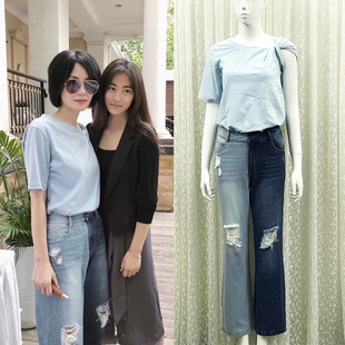 王菲同款破洞牛仔裤女撞色阔腿裤热裤九分裤拼色裤显瘦春秋休闲裤
