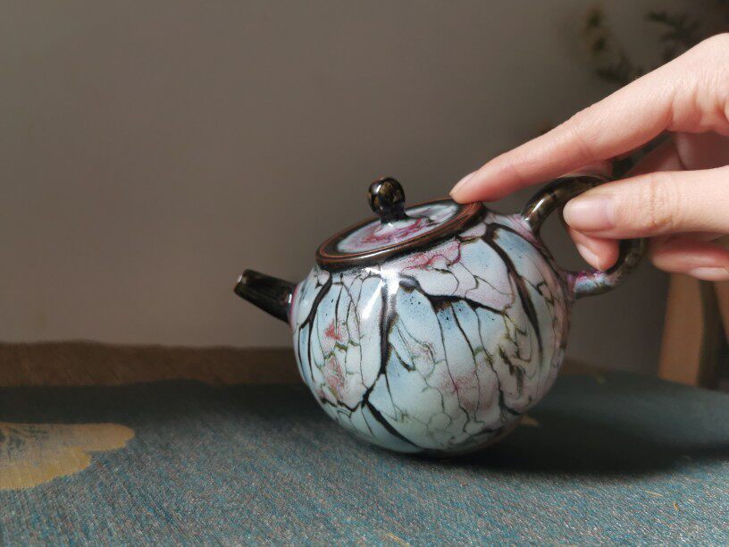 踏雪寻梅l钧窑白露伟钧瓷茶壶陶瓷壶网孔养生原矿芝麻酱胎230ml