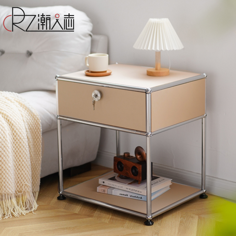 不锈钢中古轻奢床头柜置物架小型多功能模块组合柜卧室床边小柜子
