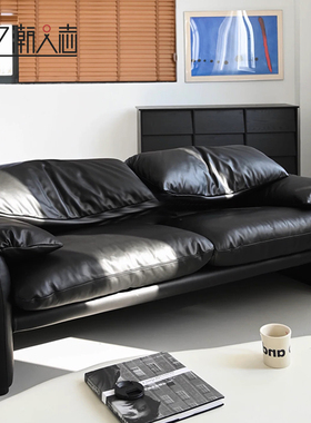 Maralunga马拉伦加意式极简小户型客厅中古直排全真皮三人位沙发