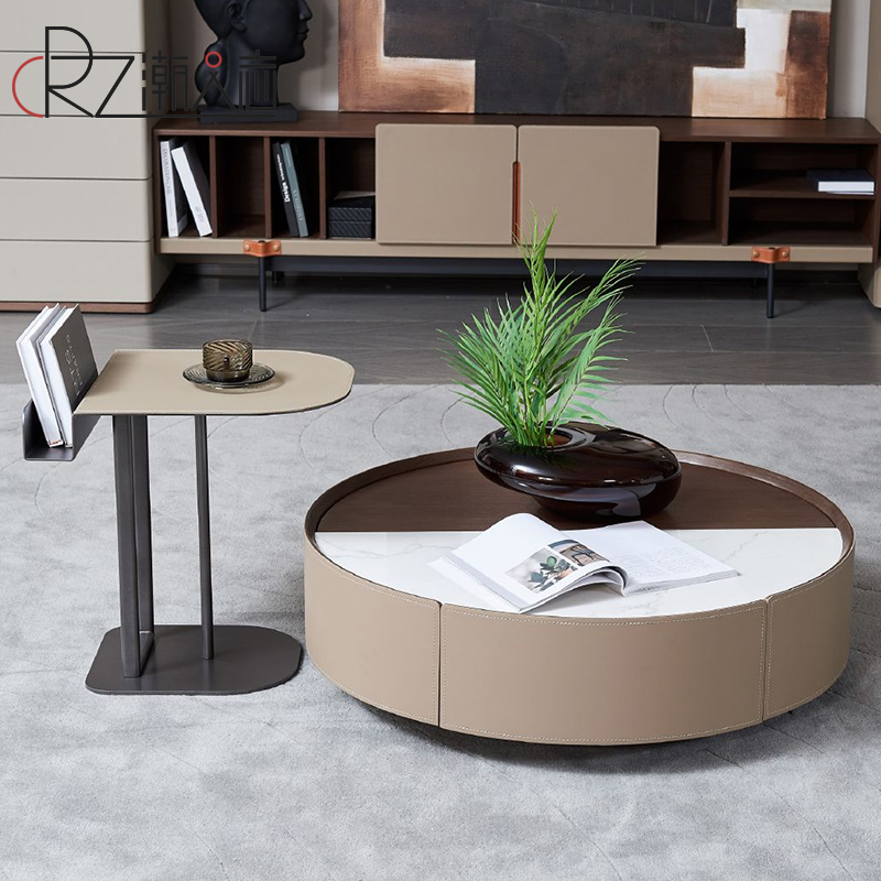 意式极简设计师高端现代简约客厅小户型可旋转马鞍皮组合茶几边几