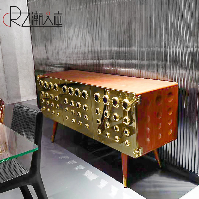 现代简约不锈钢镀金蜂巢储物柜别墅酒店客厅黄铜电视柜北欧餐边柜